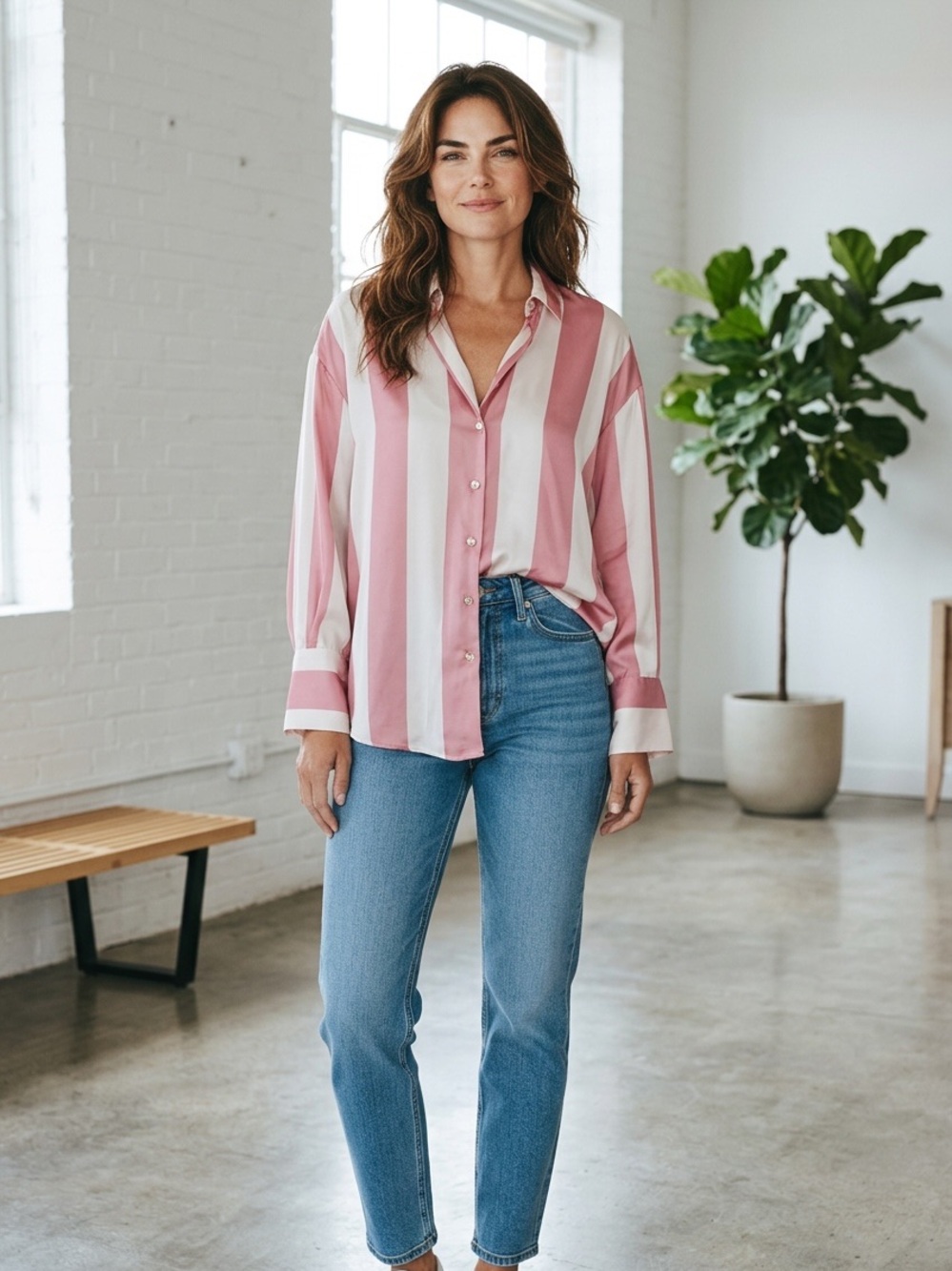 Zara womens Rose Pink and White Vertical Stripe Button-Down blouse size medium